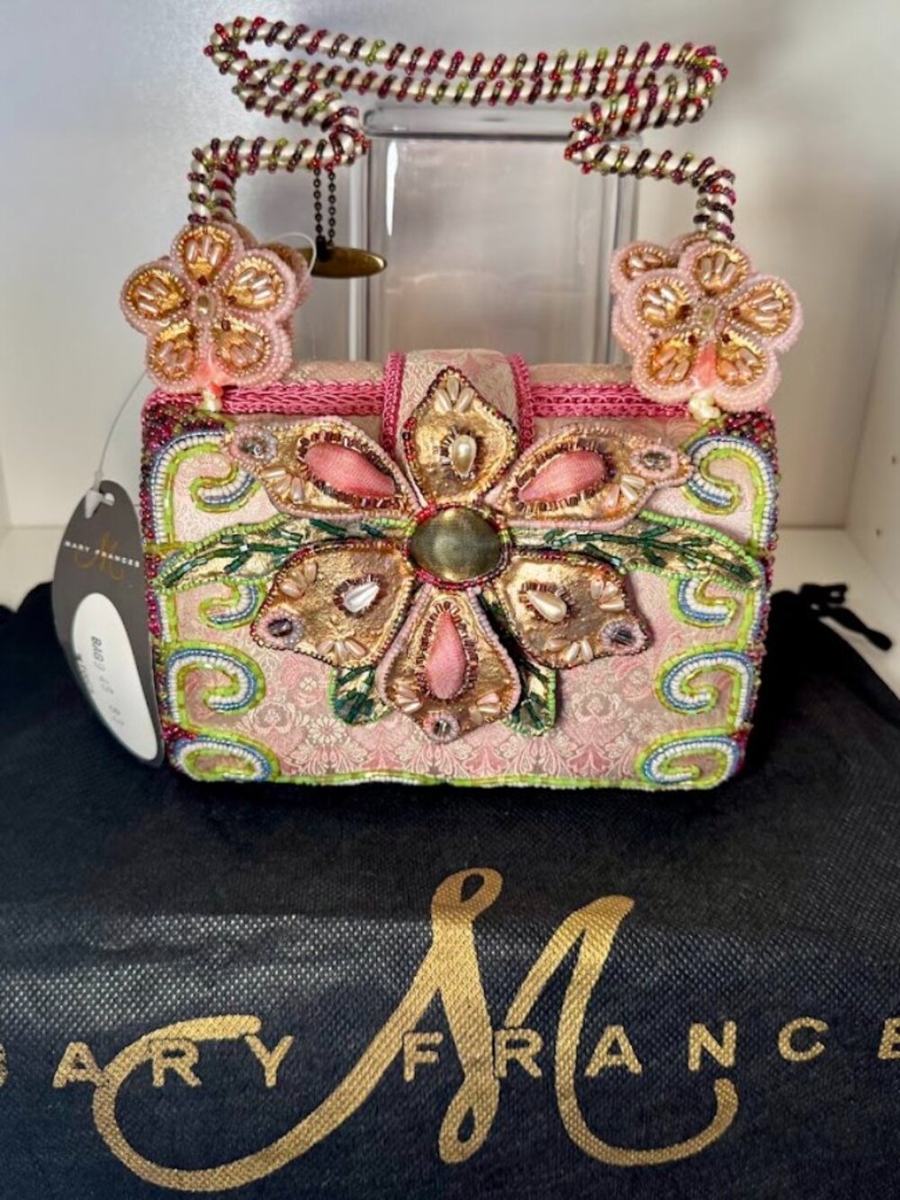 NWT Vintage MARY FRANCES 3D Pretty in Pink Beaded Floral Handbag w/ Dust Bag